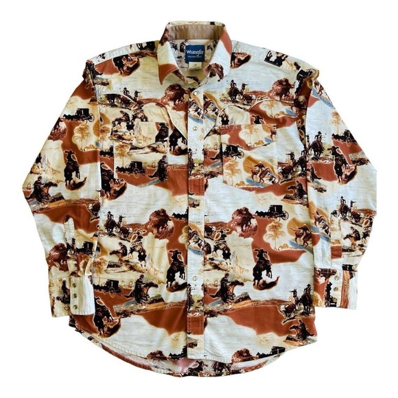 Vintage Men’s Wrangler Western Shirt Long Sleeve Pearl Snaps Cowboy Horse Print - Picture 6 of 8